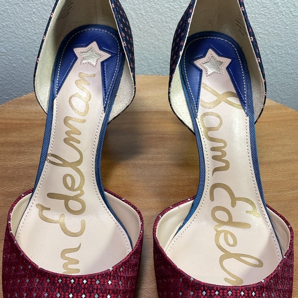 Sam Edelman D’orsay Telsa Red Blue Brocade High Heel Pumps Size 10W - Picture 12 of 16
